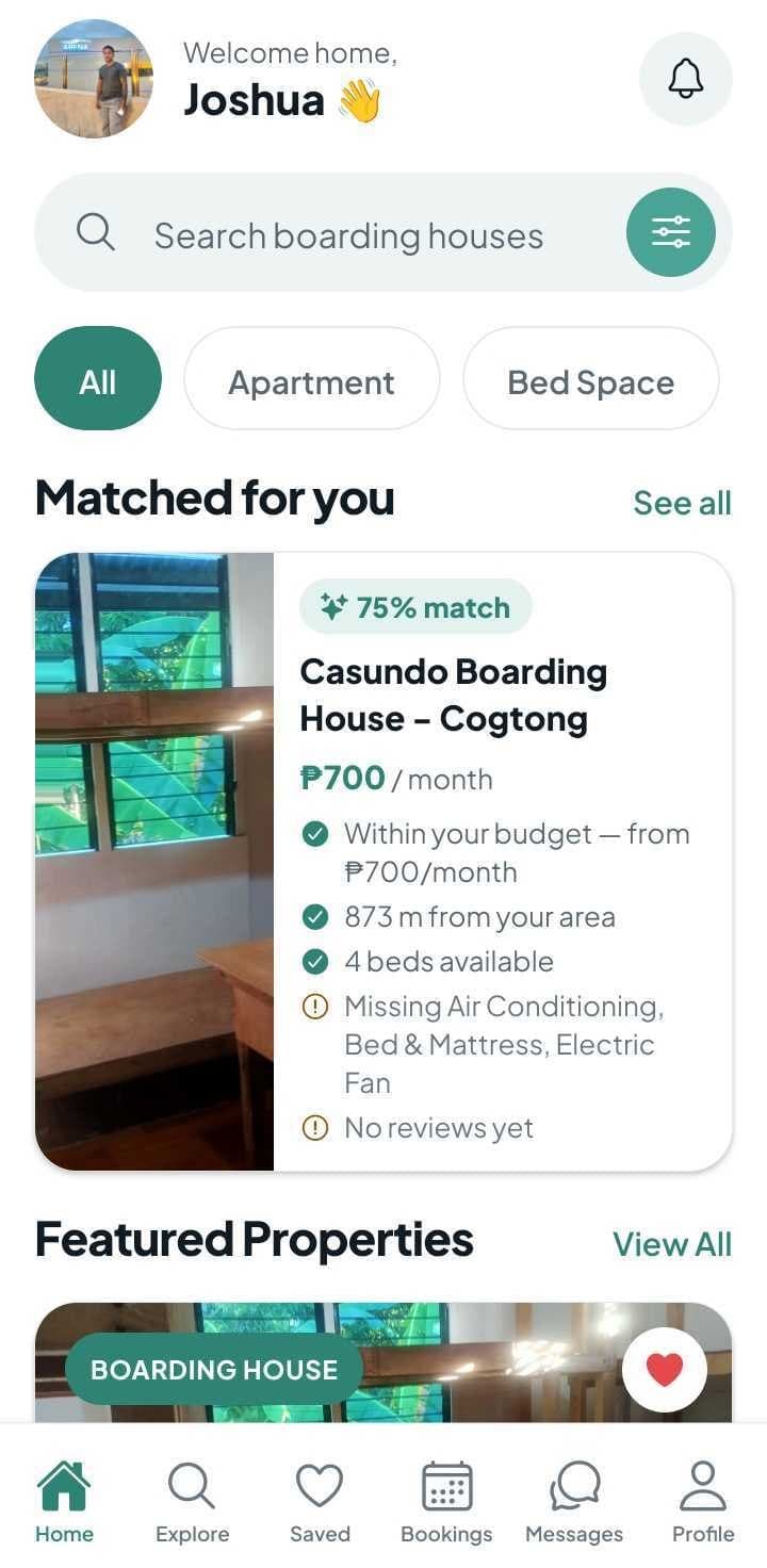 The MyBalai app: a tenant's home screen with a matched boarding house, its price and why it fits.